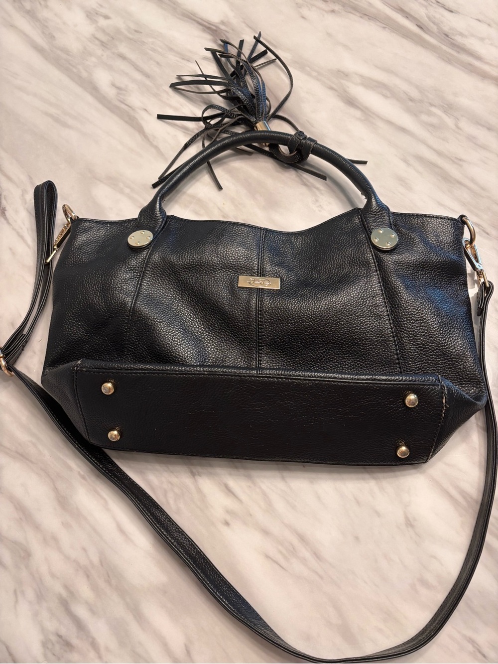 Dana Buchman Black Pebbled Leather Satchel with Tassel Accent